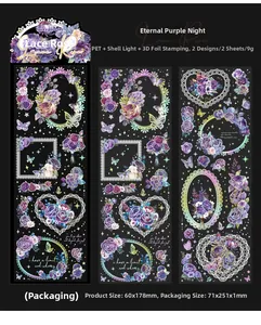 Détail d'autocollants PET avec roses violettes, dentelles et dorures à effet nacré
