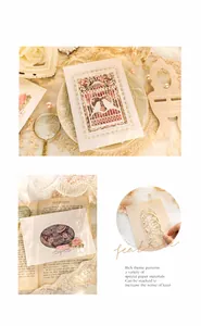 Detailed close-up of vintage laser-cut hollow frames and French illustration craft paper