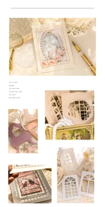 Detailed view of vintage embossed hollow paper frames and floral lace craft material