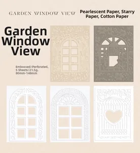 Macro detail of embossed cutout paper featuring retro garden window and floral textures
