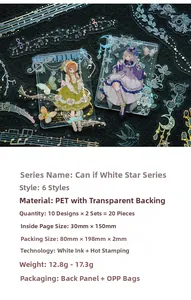 Detailed macro view of white ink and silver foil PET stickers in starry theme