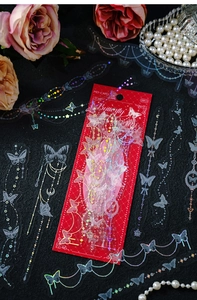 Detailed view of silver butterfly PET stickers with holographic foil effects on black background