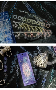 Detailed macro view of laser silver PET stickers with floral and jewelry motifs on dark background