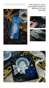 Macro detail of waterproof PET stickers with silver foil butterflies and snowflake patterns
