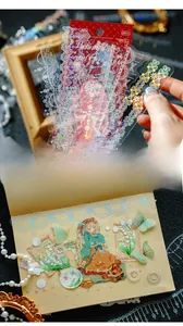 Close-up of PET stickers with silver foil lace patterns for DIY journaling decor