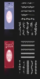 Macro detail of white PET lace stickers showing roses and butterfly patterns on black background