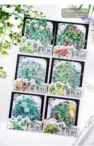 Detail of floral PET stickers with silver foil edges and garden themes for journaling