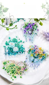 Close-up of green botanical PET stickers with 3D silver foil edges on a white plate