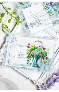 Macro view of vintage green plant stickers with lace details and retro poetry on white frame