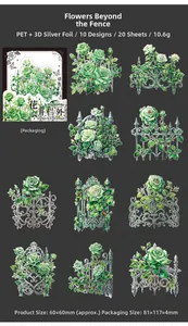 Macro detail of PET plant stickers with silver stamping and rose garden designs