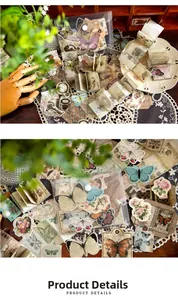 Dettaglio macro del kit scrapbooking farfalla vintage con mini diari e texture antiche