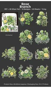 Flat lay of floral PET stickers with silver foil edges for DIY scrapbooking decoration