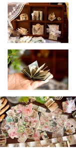 Vista macro de pegatinas de mariposas vintage y mini libros para decoración de scrapbooking