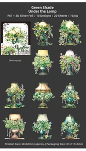 Detail of PET stickers with vintage lamp and floral designs featuring silver foil stamping