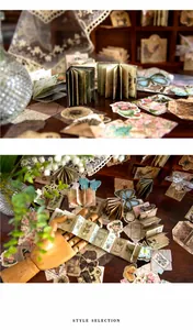 Vista macro di adesivi vintage con farfalle e mini ritagli di carta su legno scuro
