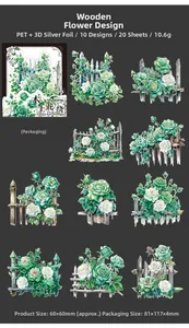 Detailed view of silver foiled PET floral stickers with various garden flower designs