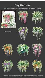 Macro detail of hanging plant PET stickers with 3D silver foil for DIY scrapbooking