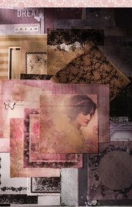 Detailed view of vintage aesthetic paper collection with floral and portrait motifs