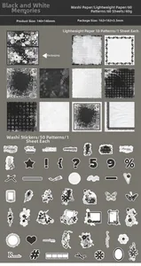 Detailed view of vintage black and white scrapbooking paper set with floral designs