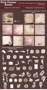 Flat lay of vintage scrapbooking kit with floral stickers and textured papers