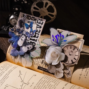 60-piece vintage scrapbooking kit with butterfly and floral stickers on an antique book