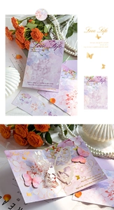 Detailed view of 3D lavender butterfly greeting card with elegant envelope and sticker