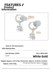 Macro view of S925 sterling silver earrings with dimensions and product specifications