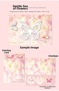 Detail of 3D butterfly greeting card set with pink floral envelope and round stickers