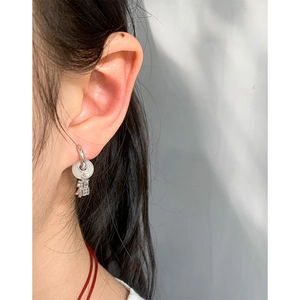 S925 silver dangling earrings with white jade bead and Fu character pendant charm