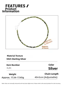 Macro detail of S925 silver beads and green bamboo-shaped jade cylinders on a necklace