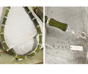 Detailed view of S925 sterling silver clasp and natural bamboo-shaped olive jade beads