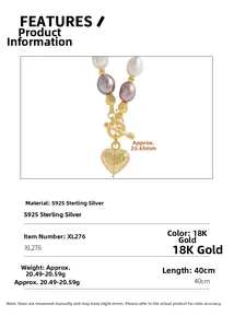 Macro detail of S925 silver heart necklace with freshwater pearls and 18K gold plating