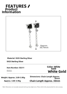 Dessin technique montrant les boucles d'oreilles en argent S925 avec pierres et mesures