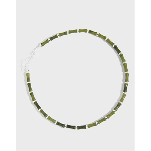 New Chinese Design Minimalist Natural Olive Jade Bamboo Knot Necklace 925 Sterling Silver Beads Chain Jewelry For Women