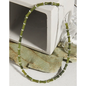 S925 silver bamboo joint necklace with natural olive jade beads in oriental style