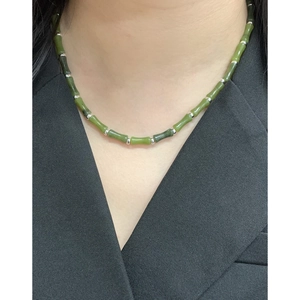 New Chinese style bamboo joint necklace with green jade beads and S925 silver accents