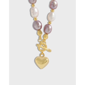 Baroque Freshwater Pearl Heart Pendant Necklace For Women 925 Sterling Silver 18K Gold Plated Toggle Clasp Jewelry