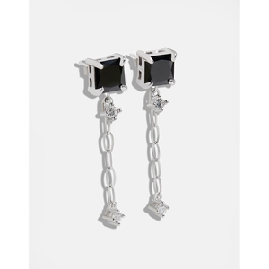 Boucles d'Oreilles Clous en Argent Sterling 925 Pierre Noire Géométrique pour Femmes Boucles d'Oreilles Longue Chaîne en Strass Bijoux Minimalistes