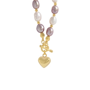 S925 silver necklace with purple baroque pearls and polished gold heart pendant