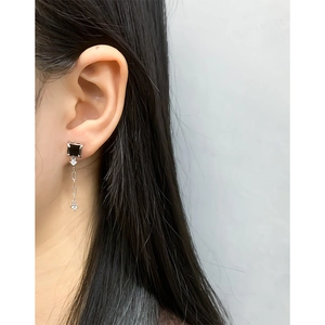 Boucles d'oreilles pendantes en argent 925 avec pierre noire et fine chaîne de pluie