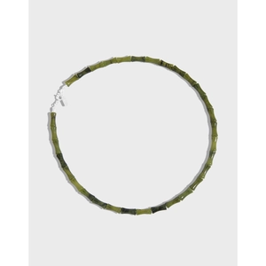 Collier en Jade Vert et Argent Sterling 925 Forme de Joint de Bambou Minimaliste Chaîne de Clavicule Style Chinois Bijoux Femme