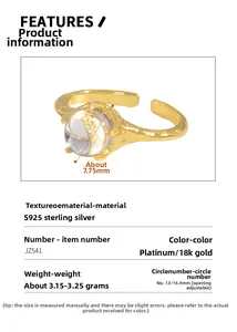 Detail view of adjustable S925 sterling silver ring with 18K gold finish and cubic zirconia