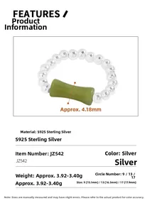 Detailed spec sheet for S925 silver beaded ring with green bamboo-shaped gemstone