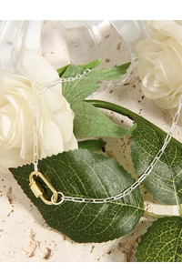 Detail of S925 silver U-shaped pendant with gold carabiner on white roses and stone