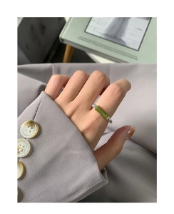 Close-up of S925 sterling silver beaded ring featuring a green bamboo joint jade stone