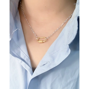 Minimalist S925 sterling silver geometric U-shaped carabiner necklace in two-tone finish
