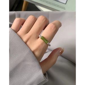 New Chinese style elastic ring with green bamboo beads and S925 sterling silver spheres