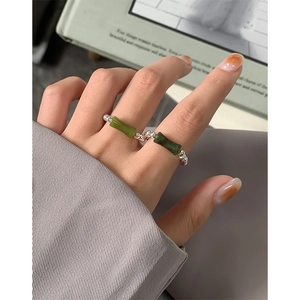 Minimalist S925 sterling silver beaded ring with green jade stones in bamboo shape design