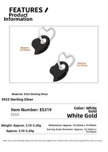 Detailed size specifications for S925 sterling silver black onyx heart stud earrings