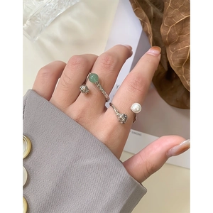 S925 sterling silver open ring set with green beads, pearls and lava texture design